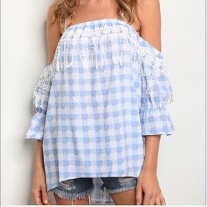 CHECKED‎ BLUE AND WHITE OFF THE SHOULDER TOP WITH REMOVABLE SPAGHETTI STRAPS-NEW